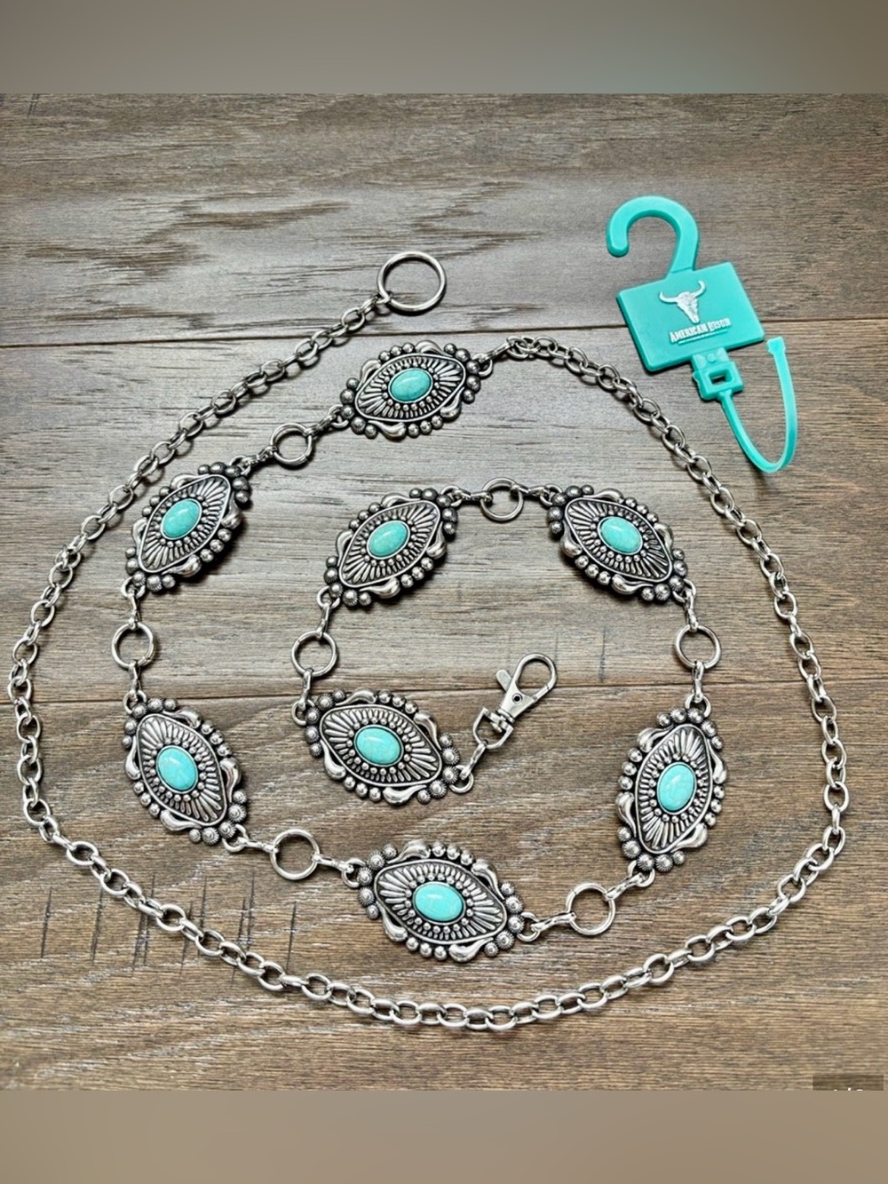 American Bison Chain belt,faux turquoise oval stones in silvertone concho,trendy